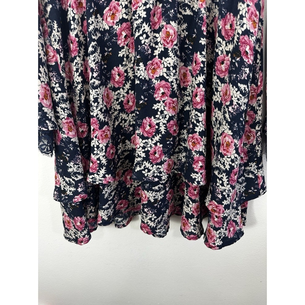Altar'd State Floral Dress Womens Large Navy Pink Bell Sleeve Smocked Lace Boho - Picture 4 of 10